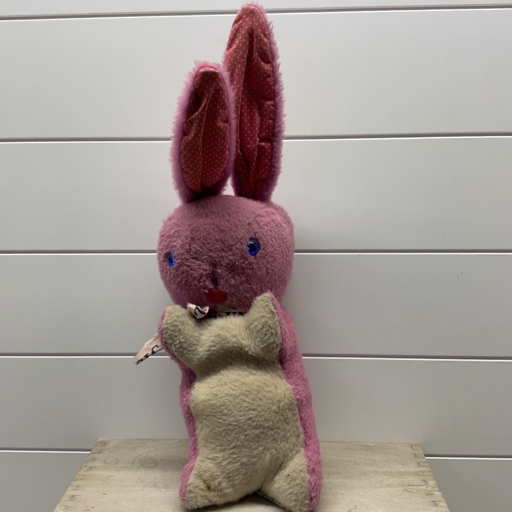 Vintage A & L Novelty Co Pink Plush Bunny Rabbit Pull String Toy Brooklyn NY 15"